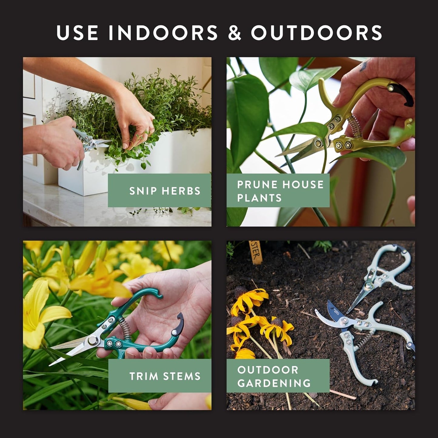 Modern Sprout Pruning Shears - Herb Snipping Scissors- Lightweight Gardening Tools W/Easy Lock - Flower Cutter Garden Shears - Carbon Steel Blade + Plastic-Free Reusable Holster (Multicolor 4 Pcs)