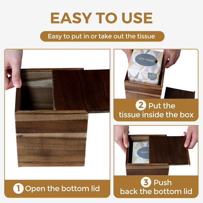 KALEKAIL Wood Tissue Box Cover， Acacia Wood Tissue Box Cover Square, Decorative Cube Facial Wooden Tissue Box Holder with Slide-Out Bottom for Bathroom, Bedroom, Dinner Table, Office, Kitchen
