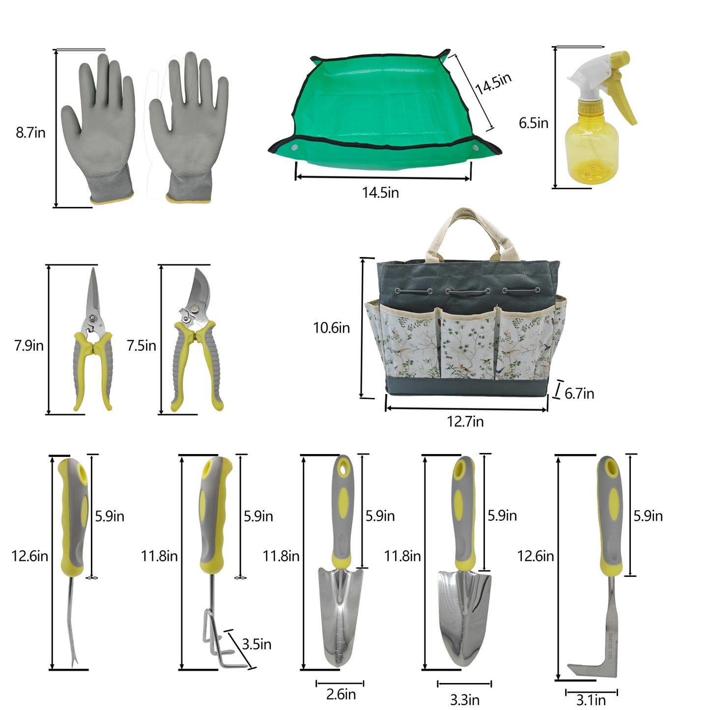 Gardening Tools Set, 11-Piece Stainless Steel Garden Hand Tool Set with Ergonomic Non-Slip Handles for Digging, Weeding, Pruning and Transplanting