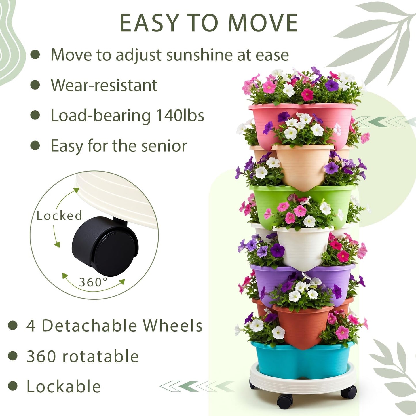 Umigy 2 Set Multicolor 7 Tier Stackable Vertical Planters with Removable Wheels and Tools Tower Planters Strawberry Herb Flower Vegetable Pots Indoor Outdoor Gardening Pots