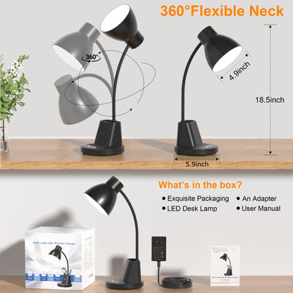 Sailstar Desk Lamp for Home Office, 10W Wireless Charging, Eye-Caring LED Desk Light, CRI 95+ 3 Color Modes Stepless Dimming Pen Holder, 360° Flexible Arm Desk Lamps for College Dorm, Adapter Included