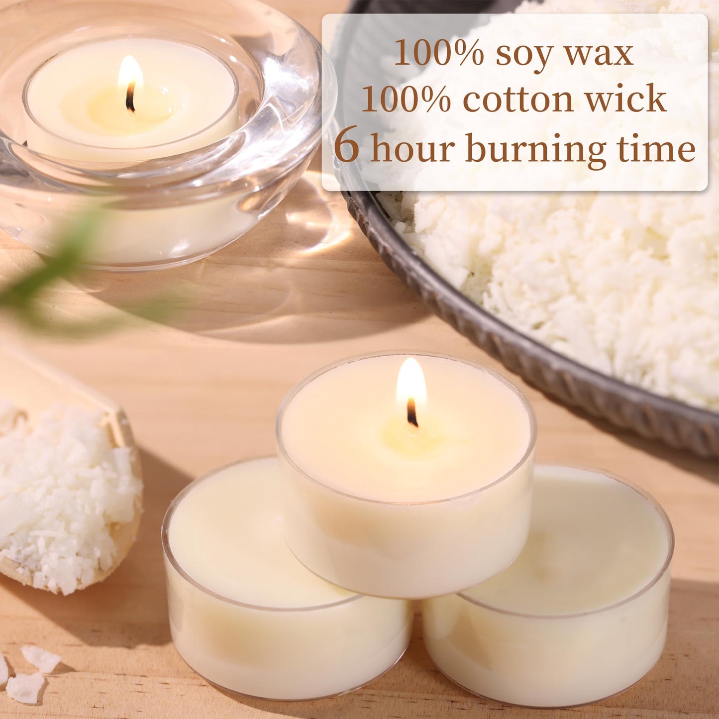 DEVI 6 Hour Soy Tea Lights Candles Bulk 100 Pack, Soy White Tea Lights Bulk-6 Hours Long Burning, Unscented Small Votives Bulk for Wedding, Party Centerpieces