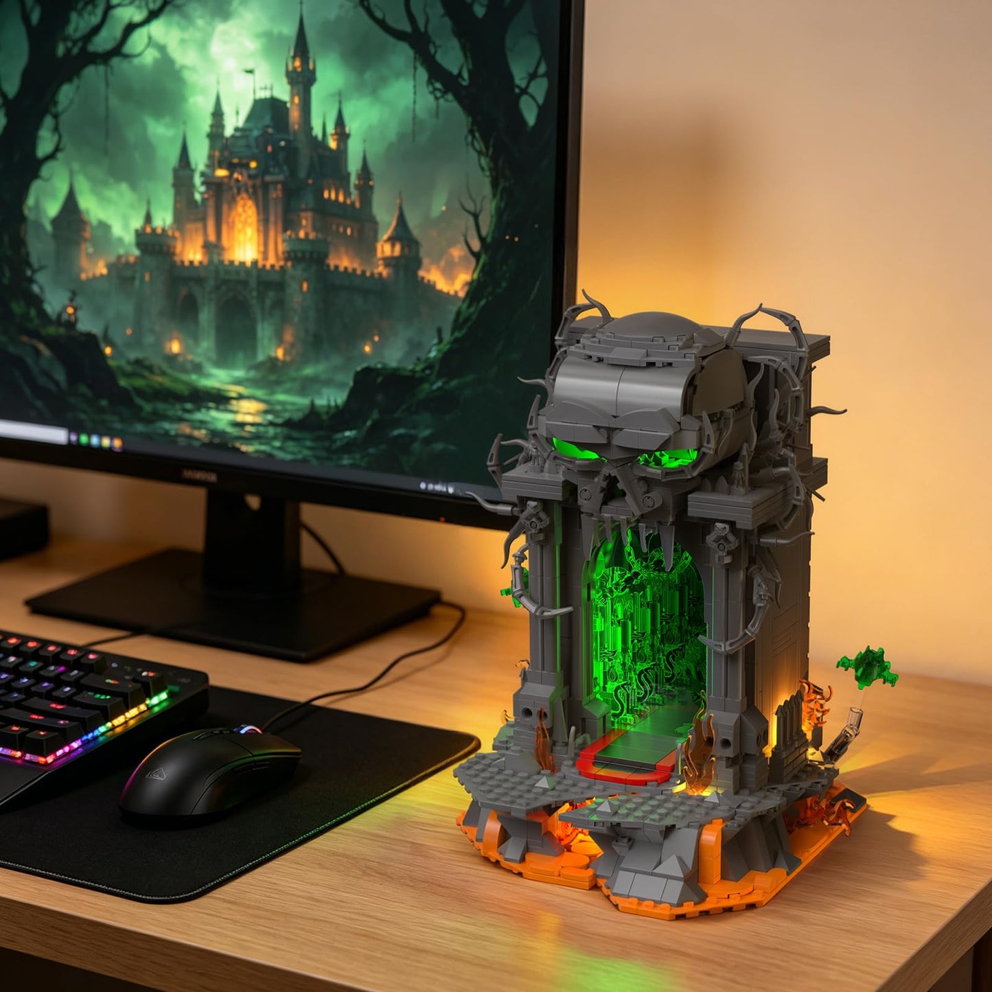 JMBricklayer Dark Portal Building Set for Adults, Gothic Skull Gate with LED Light, Fantasy Demon Door Display Model Kit,Home Office Decor, Halloween Collectible Gift for Gamers Men 1144PCS