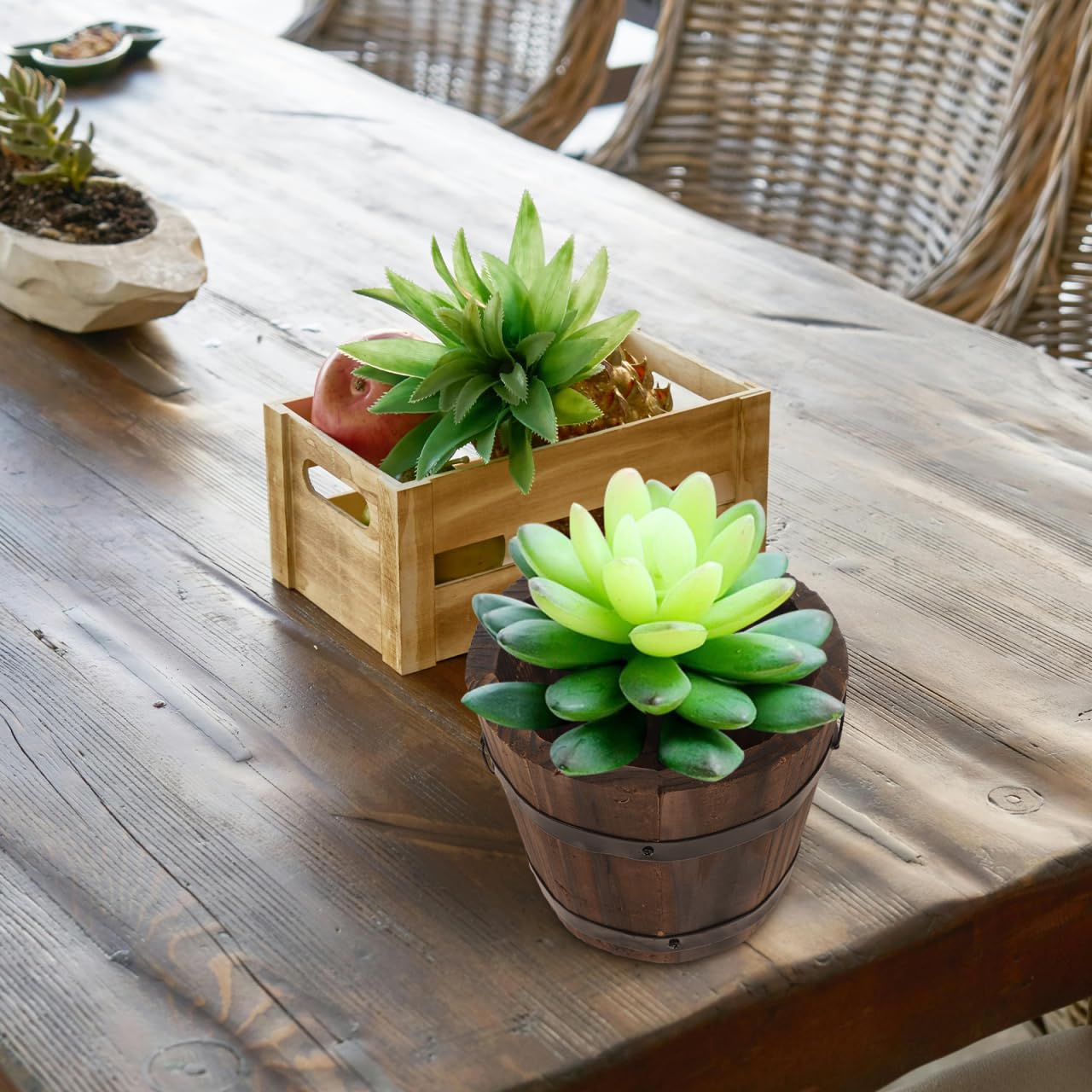 GANAZONO Wooden Whiskey Barrel Planter 6-Pack Round Outdoor Garden Flower Pots Rustic Wood Planters for Patio Lawn Decor 10.5 Inch Diameter