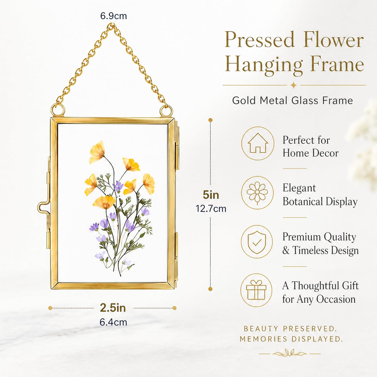 WHYTOOPY Pressed Flower Frames with Tweezers,Wall Hanging Double Glass Frames 2x3 with Metal Chain for Dried Flowers Plants,Floating Photo Frame for Display Gallery Artwork,Golden, 4 Pack