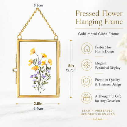 WHYTOOPY Pressed Flower Frames with Tweezers,Wall Hanging Double Glass Frames 2x3 with Metal Chain for Dried Flowers Plants,Floating Photo Frame for Display Gallery Artwork,Golden, 4 Pack