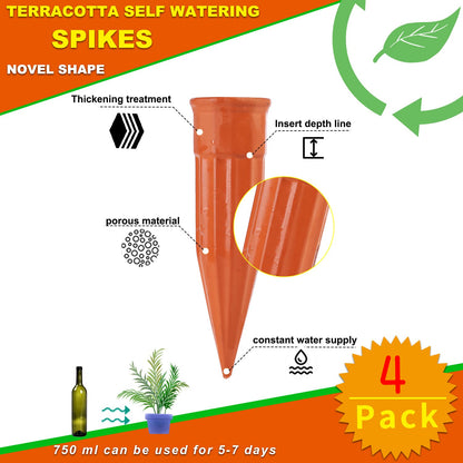 TKSCUSR Self Watering Spikes -4 Pack Terracotta Plant Watering Stakes Devices Vacation Self-Watering Stakes for Indoor/Outdoor Plants