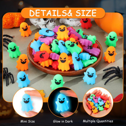 Simgoing 100 Pcs Halloween Glow in The Dark Mini Ghost Figurines, Halloween Treats Non Candy Gifts for Pumpkin Bucket, Luminous Tiny Ghost for Trick or Treat, Hide and Seek Party Favor, Spooky Decor
