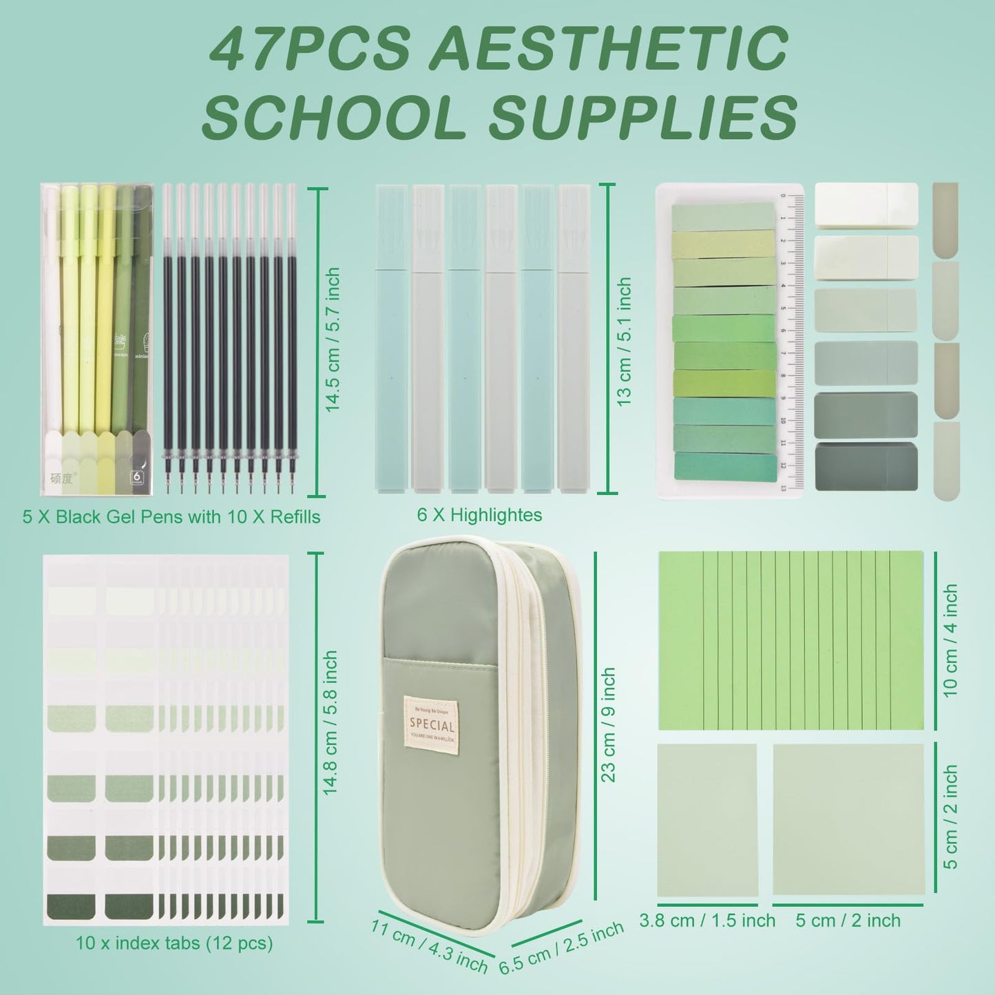 ChezAbbey 47Pcs Aesthetic School Supplies with Pencil Pouch - Cute College Essentials Set, Big Capacity Pen Case, Pastel Highlighters, Bible Study Journaling Stationary Kit (Green)