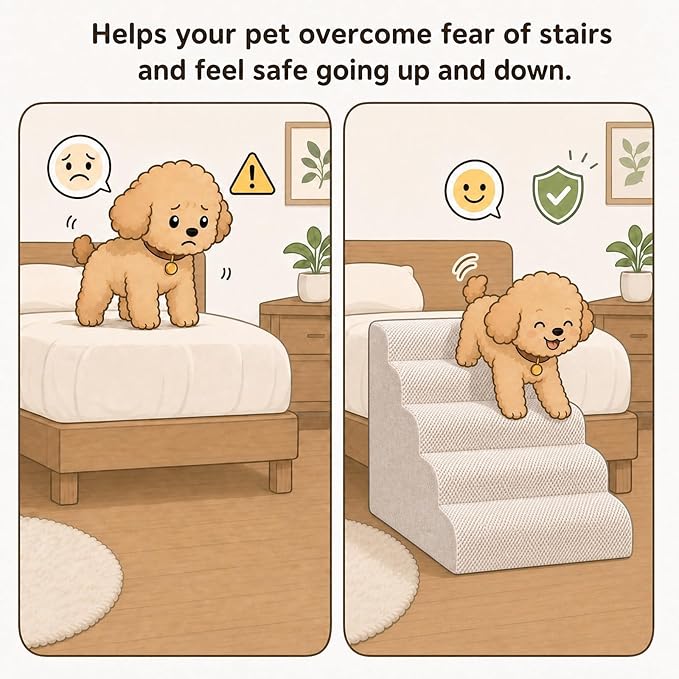 Dog Ramp for Bed,Pet Ramp for High Bed,Dog Stairs for Small & Medium Dogs,Curved Non-Slip Ladder for Older Dogs & Cats,24.4" H,5-Step (White)