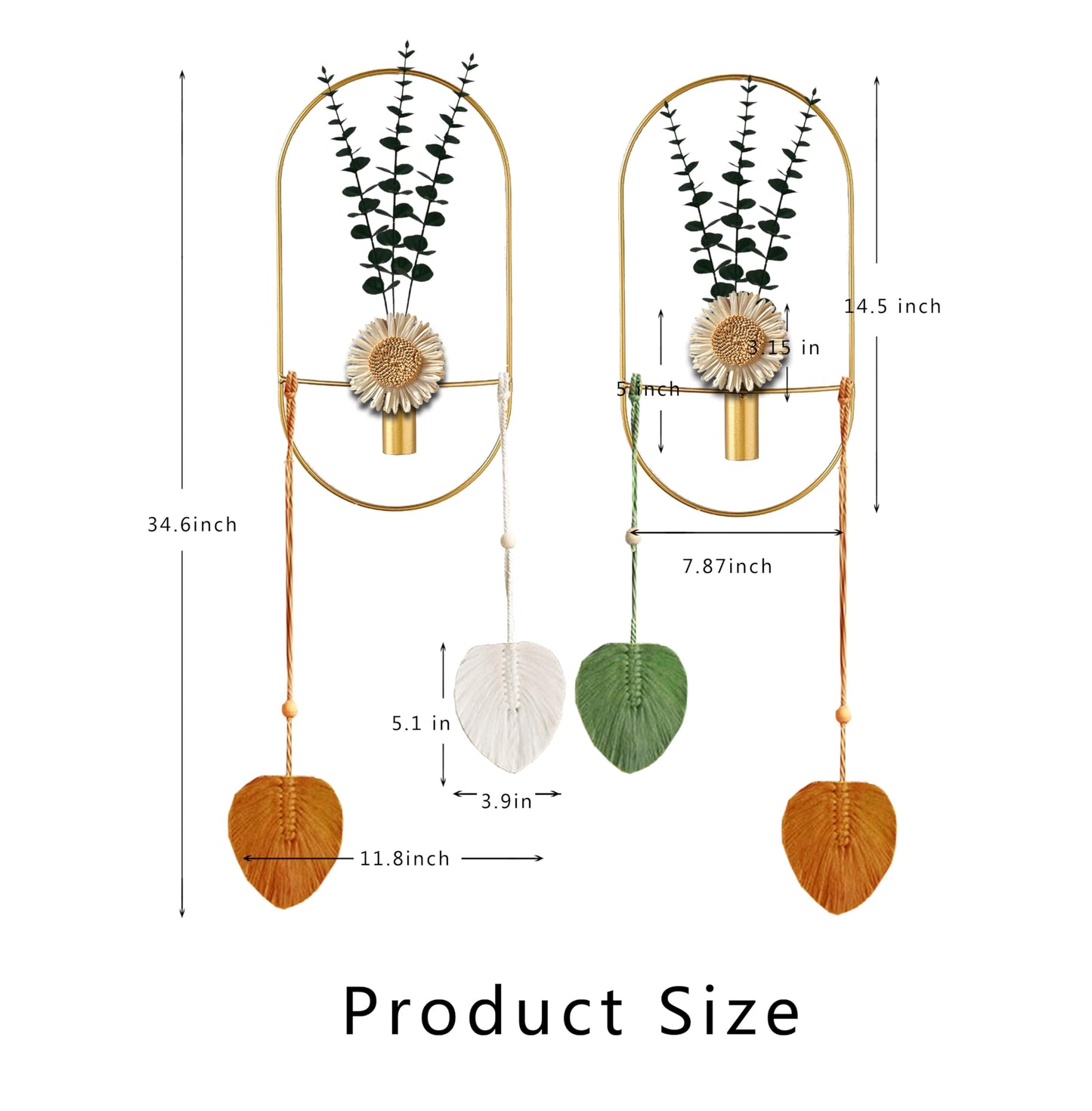 Black Plant Decor, Wall Mounted Metal Vase, Wall Mounted Metal Art for Living Room, Bedroom, Bathroom, Dining Room, Faux Plant Wall Decor (Large 2 Piece Set Gold)