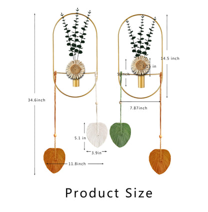 Black Plant Decor, Wall Mounted Metal Vase, Wall Mounted Metal Art for Living Room, Bedroom, Bathroom, Dining Room, Faux Plant Wall Decor (Large 2 Piece Set Gold)