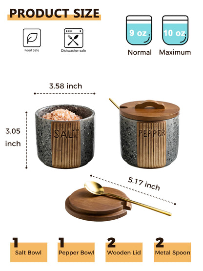 YHOJOY Salt and Pepper Bowl Ceramic, 10 Oz Salt Containers for Countertop Salt Cellar with Wooden Lid and Spoons, Salt and Pepper Set