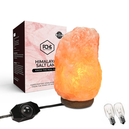 POHS 8-10 Inches (7-11 lb) 100% Authentic Himalayan Pink Salt Lamp – Handcrafted with Dimmable Switch, Wooden Base, and Bulb Replacement Included