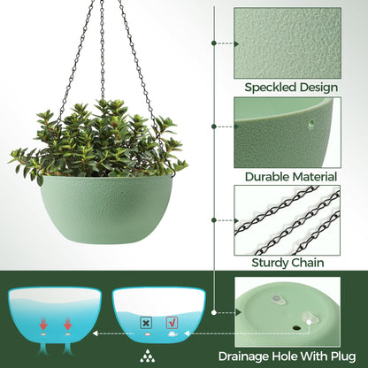 T4U 8 Inch Hanging Planter for Indoor Plants, 2 Pack Small Pots with Drainage Holes, Flower Basket Plant Holder for Home, Green