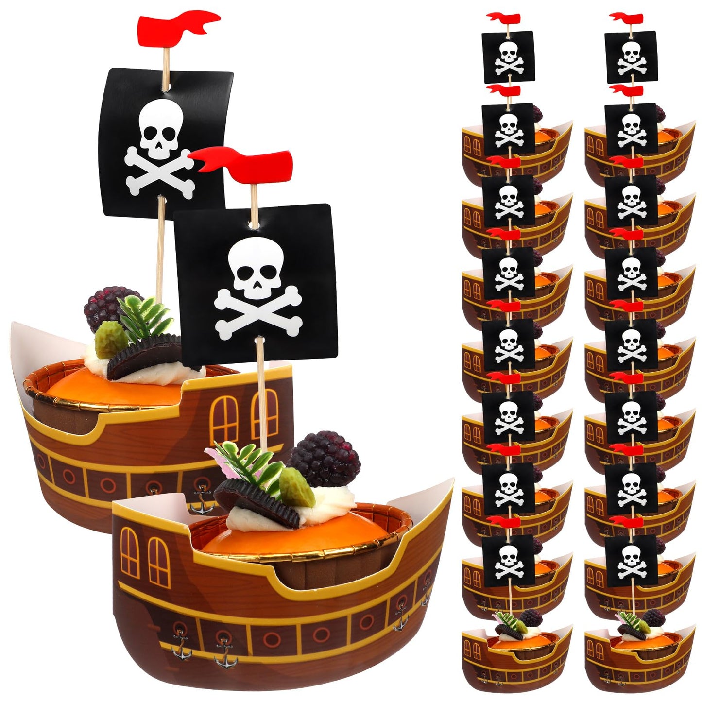Vesici 72 Pcs Pirate Ship Cupcake Toppers Skull Cap Cupcake Picks Pirate Halloween Party Decorations for Birthday Party Cake Decorations Supplies