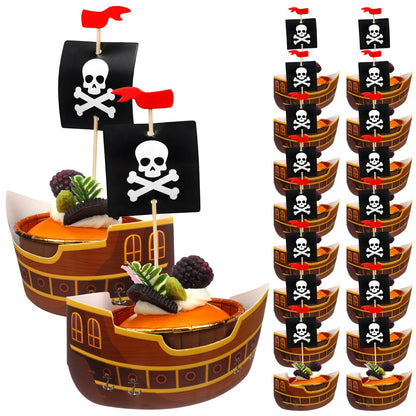 Vesici 72 Pcs Pirate Ship Cupcake Toppers Skull Cap Cupcake Picks Pirate Halloween Party Decorations for Birthday Party Cake Decorations Supplies