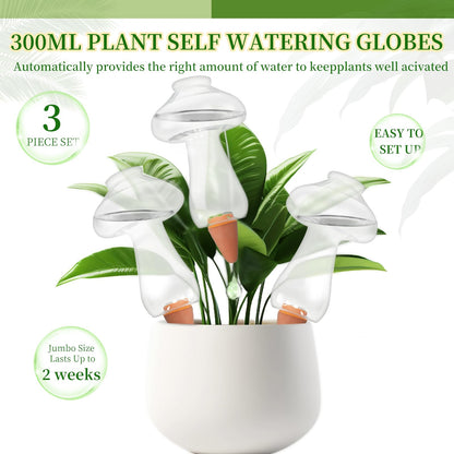 GEWOSI 3 Pcs Plant Watering Globes Mushroom Shaped Self Watering Tool for Indoor & Outdoor Plants Automatic Watering Planter Insert 10.6 oz Bulbs with Slow Release Control Water Dripper for Plants