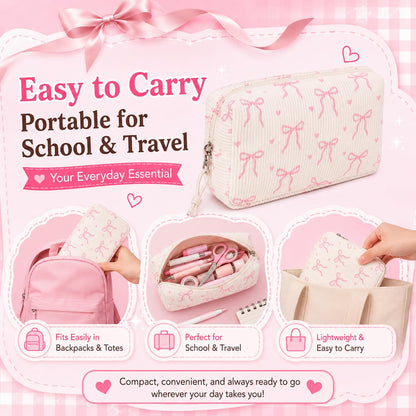 LEDAOU Cute Pencil Case for Kids Girls Boys Pencil Pouch kawaii Pen Pencil Box Bag Holder for School Students (Corduroy Pink Bow)