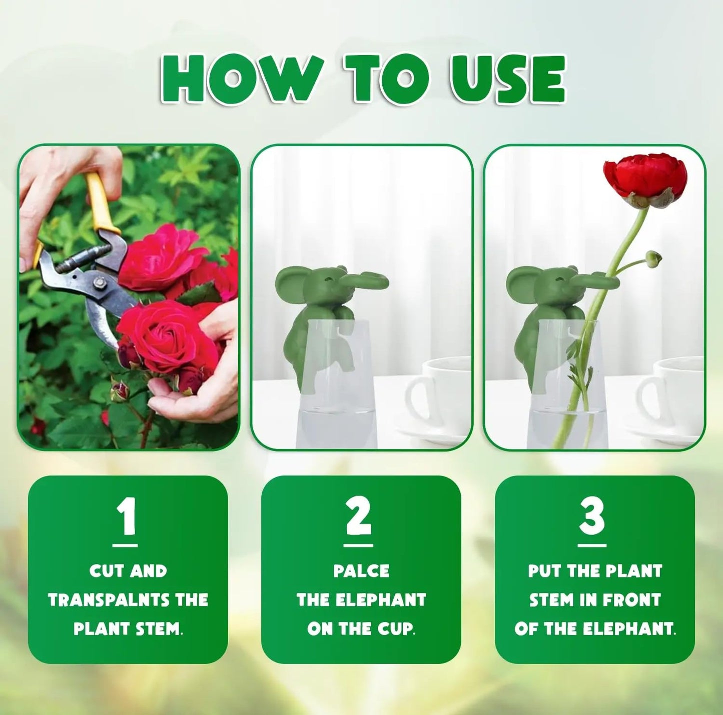 Plant Propagation Buddy – Plant Cutting Holders for Sprouts, Stems & Shoots, Cute & Sturdy Plant Supports for Indoor Gardens & Propagation Stations, Perfect Gift for Plant Lovers (Green, 3 Elephant)