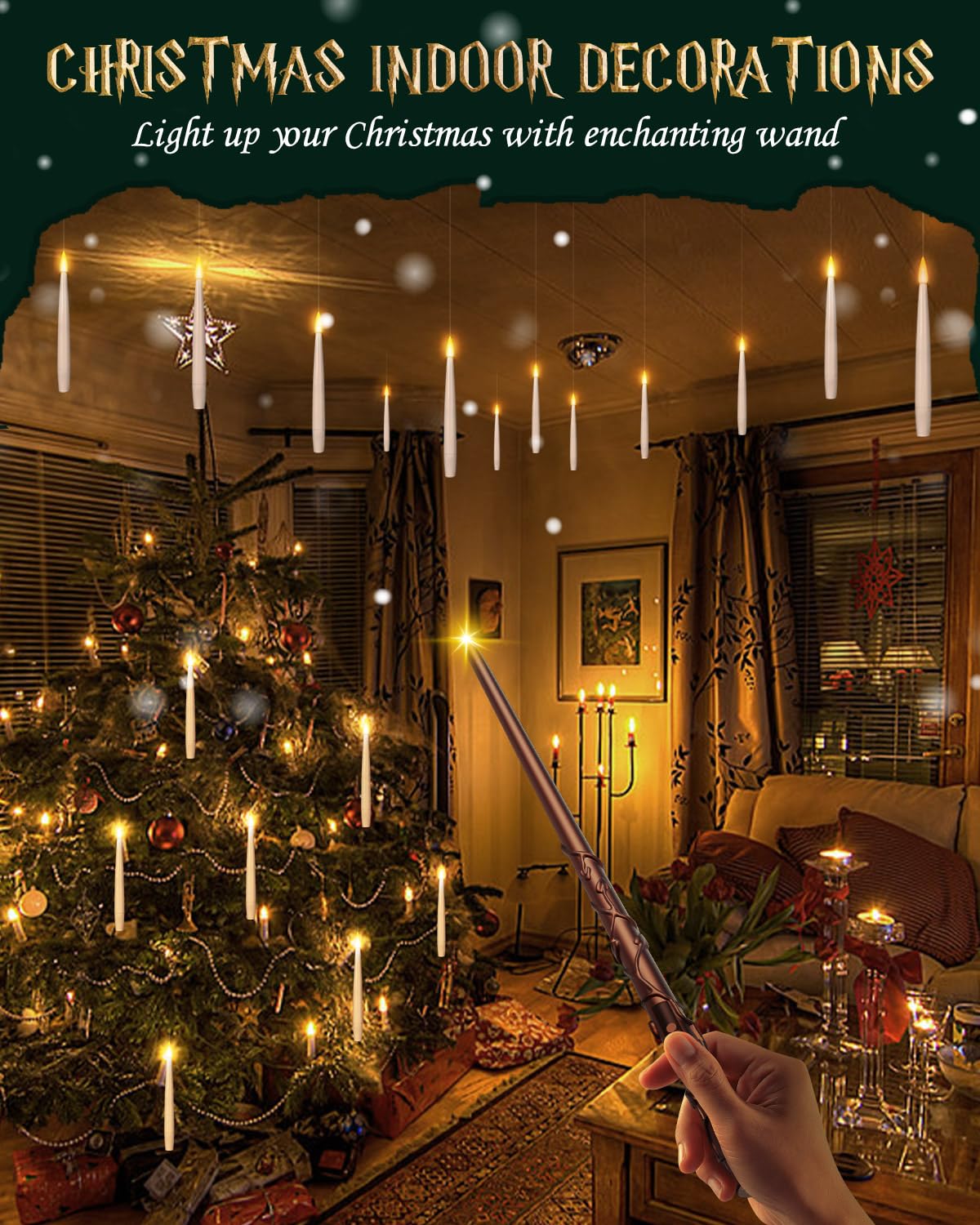 Floating Candles with Wand - Christmas Magic Hanging Flameless Candles Taper Candles with Remote for Halloween Window Home Bedroom Birthday Party Decorations (10 PCS White Candles + 1 Brown Wand)