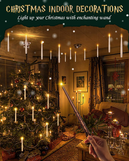 Floating Candles with Wand - Christmas Magic Hanging Flameless Candles Taper Candles with Remote for Halloween Window Home Bedroom Birthday Party Decorations (10 PCS White Candles + 1 Brown Wand)