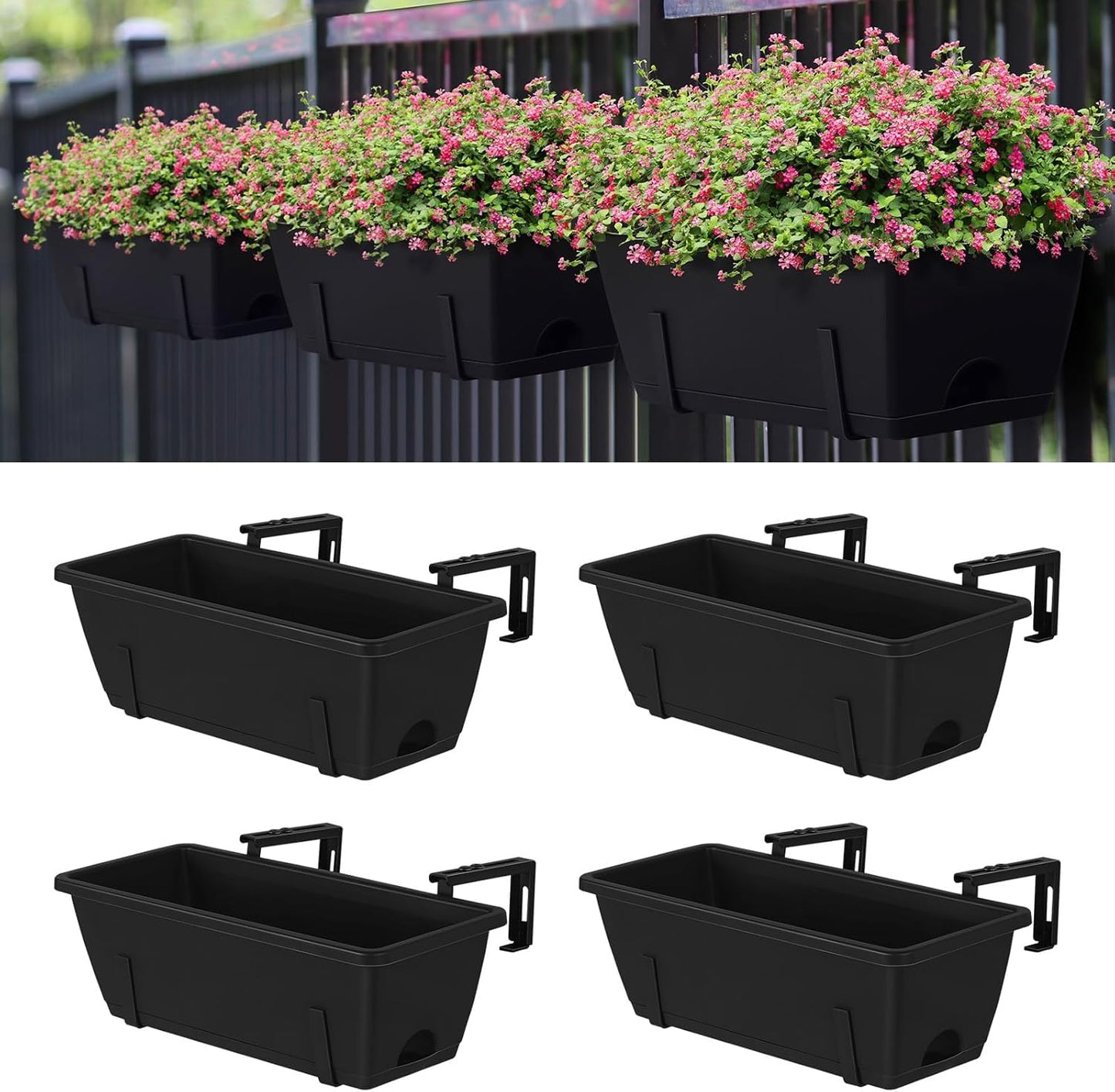 FANSXIVITA Balcony Planters Railing Hanging, Deck Railings Planter Boxes 16.9in, Railing Planter Box, Deck Planters for Railings, Railing Flower Box with Metal Brackets, Black (4Pcs)