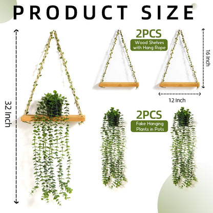 Mokof 2 Pack Wooden Hanging Shelves with Artificial Eucalyptus Plants Wall Decor for Living Room, Bedroom, Bathroom - Fake Hanging Plant and Wood Wall Shelf Set for Boho Farmhouse Home Decor