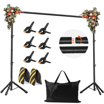 Backdrop Stand, Adjustable 10x7.5 FT Background Stand Backdrop for Parties, Photo Video Studio, Portable Photography Backdrop Stand with Carrying Bag, 6 Backdrop Clamps, and 2 Stand Bags