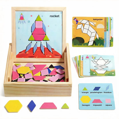 Magnetic Pattern Blocks Wooden Geometric Shape Puzzle Toy for Kids Toddlers Age 3-8 Montessori STEM Learning Educational Game 75Pcs Tangram with Storage Box Travel Gift Classroom Whiteboard