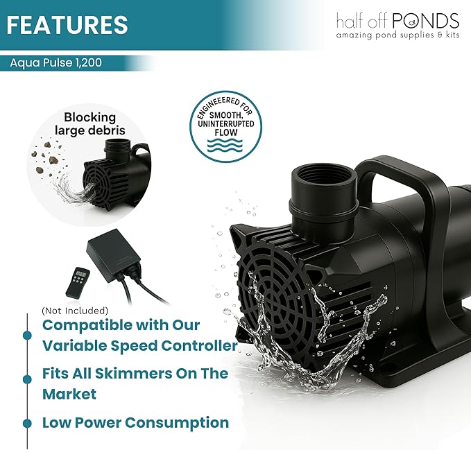 HALF OFF PONDS Submersible Water Pump, 1,200 GPH Pond Pump with 33FT Power Cord and 17FT Max Head, 144W Ultra Quiet Energy Efficient Pump for Koi Pond, Fountain, Waterfall, Water Garden, Skimmer