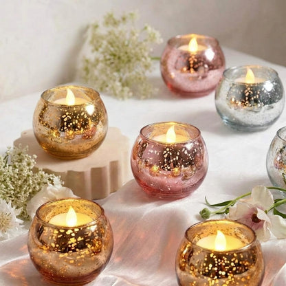 Rtteri 12 Set Votive Candle Holders Wedding Centerpiece Table Decorations Speckled Mercury Glass Votive Candle Holders with Tea Lights Birthday Party Decorations for Home (Gold)