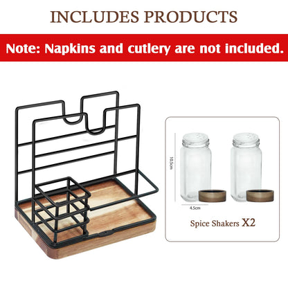 Napkin Holder for Table, Standing Napkin Holder with Salt and Pepper Shakers, Acacia Wood Base, Iron Build, for Kitchen, Dining Room, Outdoor Use（Fork and knife not included）