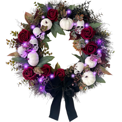 HipTree 20 Inch Light Up Halloween Wreath for Front Door with Skulls Roses Pumpkins, Gothic Black Wreath with Purple LED Lights, Battery Operated Timer Spooky Fall Wreath for Indoor Outdoor Porch