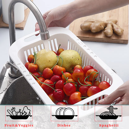 MineSign Extendable Over the Sink Colander Fruits and Vegetables Drain Basket Adjustable Food Strainer Sink Washing Basket for Kitchen (Blue)