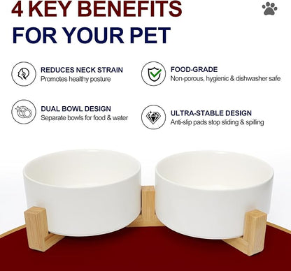 Dog Food Bowl, 13.5 oz Ceramic Modern Design, Dog Water and Food Bowl with Wood Stand, for Puppy & Cat, Non-Slip Feeding Station with Weighted Base, White