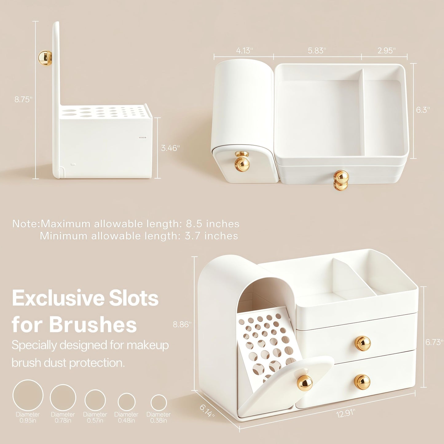 HBlife Makeup Organizer Countertop with Drawers, Vanity Organizers with Brush Holder, Bathroom Counter Organizer for Perfume, Nail Polishes, Lipsticks, Skincare and Eyeshadow Palettes, White