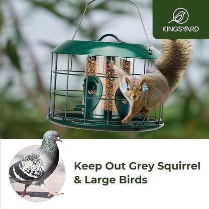 Kingsyard Tube Squirrel Proof Bird Feeders for Outdoor Hanging, Metal Caged Bird Feeder with Rain Proof Covered for Wildbirds Finches Bluebird, 4 Feeding Ports, Green