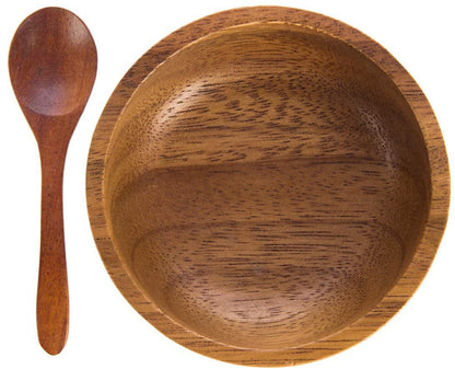 BestySuperStore Set of 4 Small Round Acacia Wooden Bowls 2¾ Inch Diameter 1½" High With Spoons - Stackable Mixing Bowl Salad Soup Snack Dip Sauce Charcuterie Wood Tableware Sets for Decor and Serving