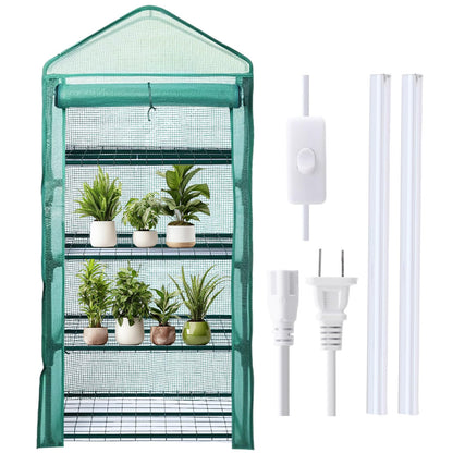 Baquler 4 Tier Mini Greenhouse Indoor Outdoor with 2 Grow Lights , 62'' H x 27'' L x 19'' W PE Cover Portable Winter Vented Greenhouse with Roll up Zipper Door Gardening Stand for Plant Seed Starting