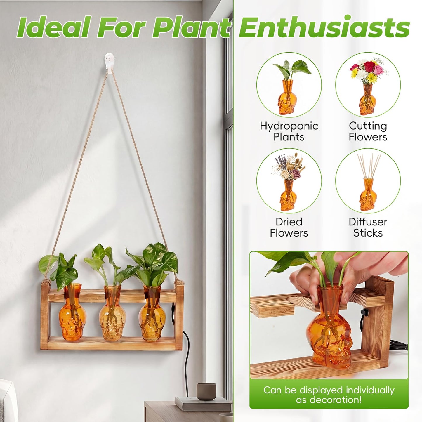 Skull Plant Propagation Station with LED Lights - Halloween Decor Skull Planter, Hydroponics Pot for Office, Unique Gifts for Women & Plant Lovers(Amber)