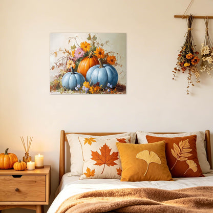 LB Blue and Orange Pumpkin Wall Art for Bathroom Fall Harvest Pumpkin and Plant Orange Floral Canvas Wall Art Thanksgiving Autumn Framed Wall Decor for Living Room Bedroom Ready to Hanging 16x12 Inch