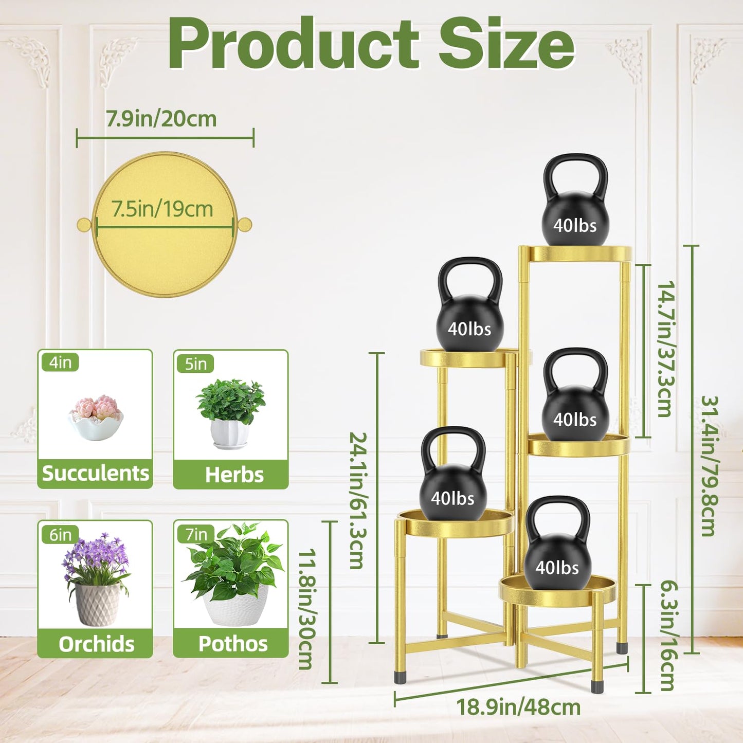 iDavosic.ly Plant Stand Indoor Outdoor, 5 Tier Corner Metal Flower Display Holder Shelf, Folding Tall Orchid Rack for Patio Balcony Porch Garden Living Room House, Gold
