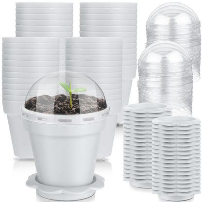 Domensi 80 Pcs 3 Cupcake Plant Nursery Pots with Humidity Dome and Saucer Small Plastic Gardening Pot Plant Containers Cups Seedling Planter Seed Starter Pots for Flower Succulent Indoor (White)