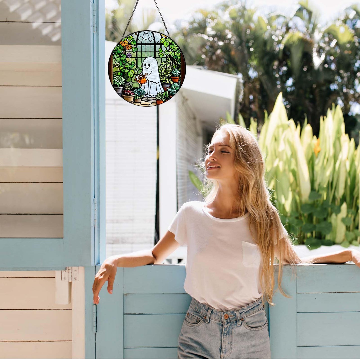RVEAFA Ghost Garden Sun Catcher Stained Glass Window Hanging Plant Lovers Gifts for Women Wall Decor Handmade SunCatcher Decoration for Garden Home Plant Greenhouse Decor, 7.87inch