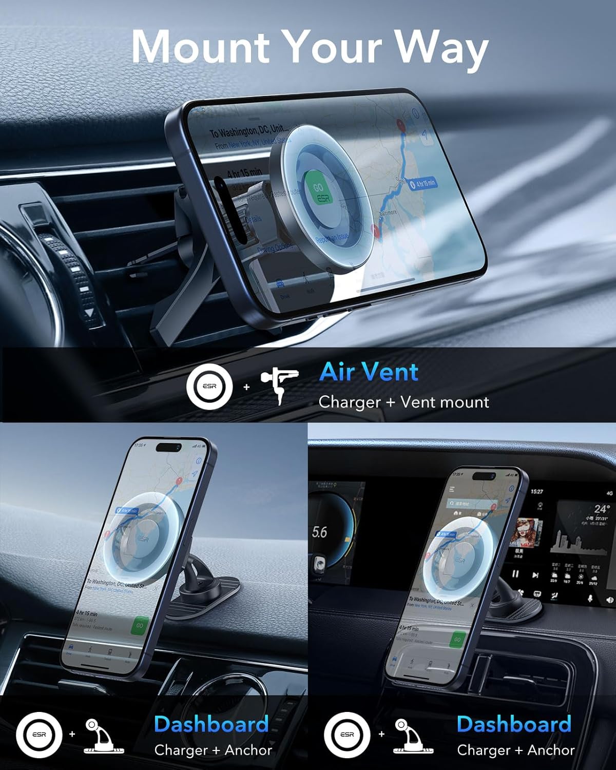 ESR for MagSafe Car Mount, Magnetic Phone Holder for Car Air Vent, Car Phone Holder Mount for iPhone 17/16/16e/15/14/13/12/Samsung, All Smartphones(2 Metal Rings Included),Charging Not Supported