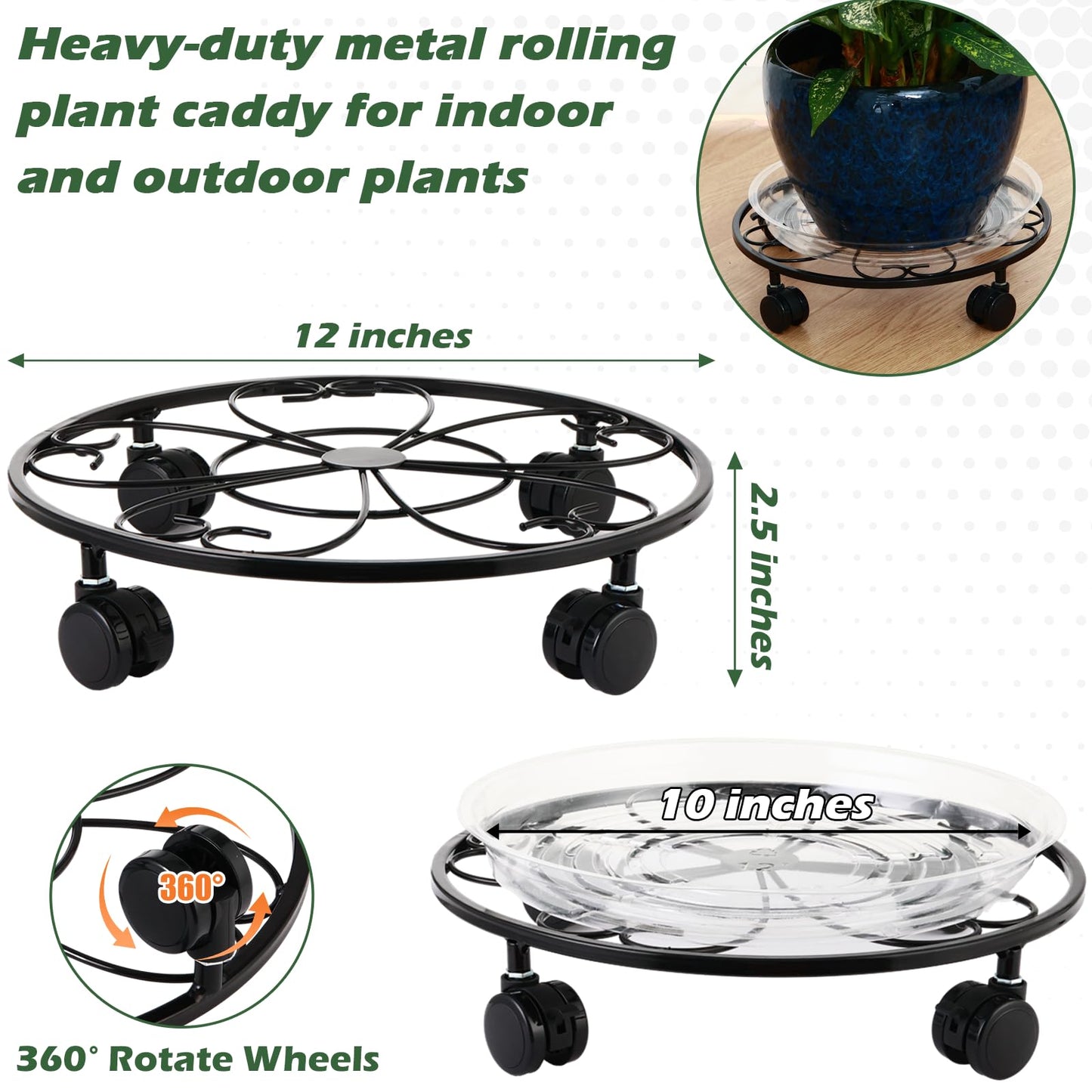 DEELF OUTLET 3 Packs 12 inches Large Metal Plant Caddy with Wheels Round Planter Dolly Pot Mover Rollers Wrought Iron Rolling Plant Stands Indoor Outdoor Wheeled Plant Holder Coaster Trolley, Black