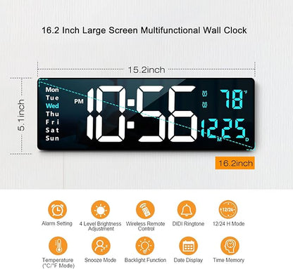 Abovsare 16.2 Inch Large Display Wall Clocks, LED Digital Clock with Remote Control for Living Room Decor, Automatic Brightness Dimmer Clock with Date Week Temperature (Blue)