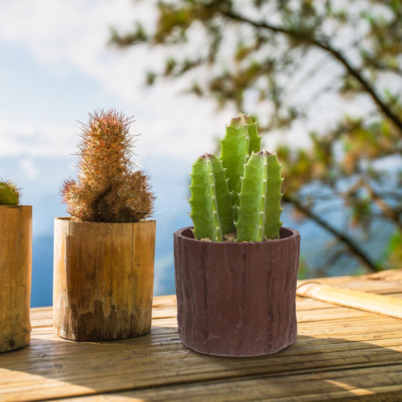 SHINEOFI 4pcs Mini Faux Wood Flower Pots Wooden Centerpieces for Tables Small Plastic Succulent Pots for Table Centerpiece Floral Boxes for Arrangements