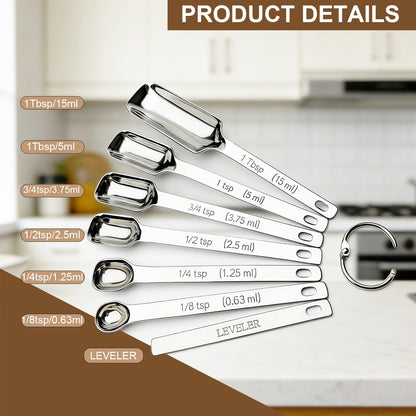 WAHMLA Stainless Steel Measuring Spoons Set of 7 with Leveler, Long Handle Rectangular Metal Teaspoon Tablespoon for Measuring Kitchen Spice, Dry & Liquid Ingredients
